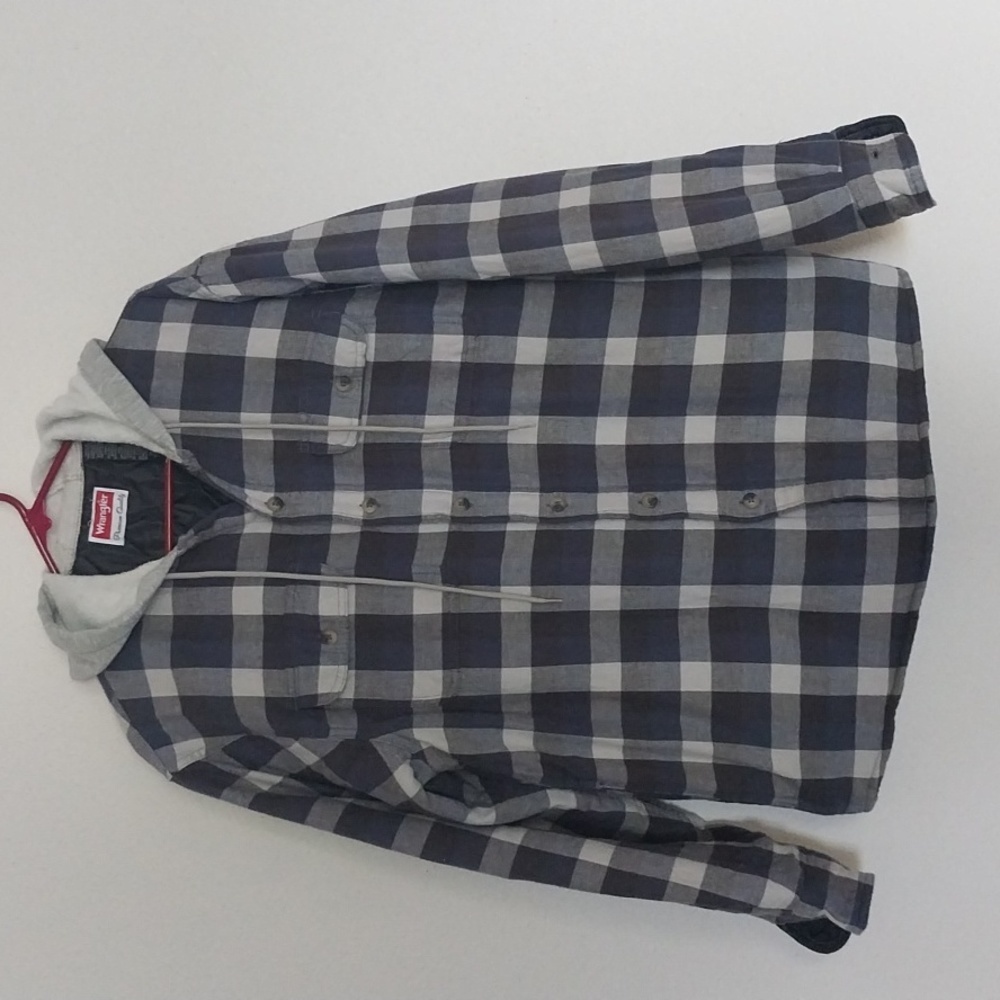 WRANGLER Authentic Blue and Gray checkers Flannel Hooded Shirt Jacket Size M